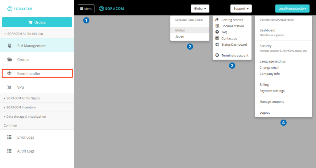 Soracom Console menu with Event Handler highlighted