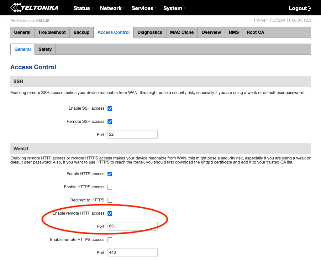 Teltonika RUT240 Settings Screen
