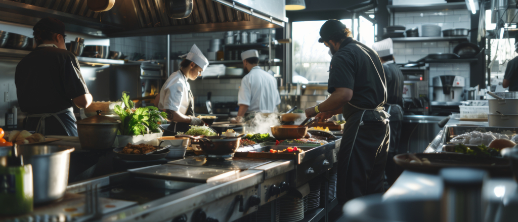 SmartKitchen case study, Bustling commercial kitchen in action, chefs preparing gourmet meals.