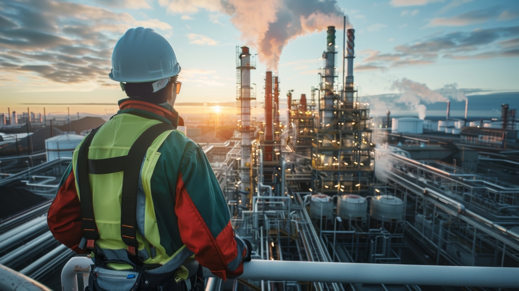 A man in a safety vest stands on a railing overlooking a large industrial plant. The sky is orange and the sun is setting, casting a warm glow over the scene. The man is observing the plant