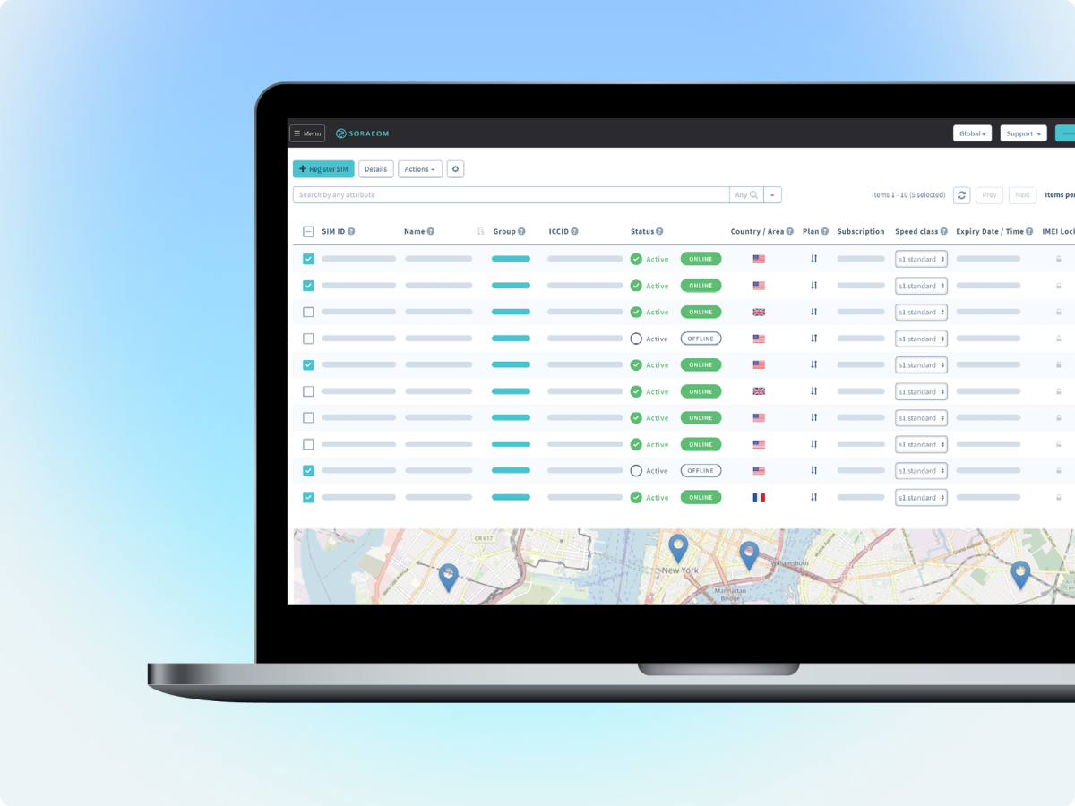 The view of the Soracom console showing activated SIMs