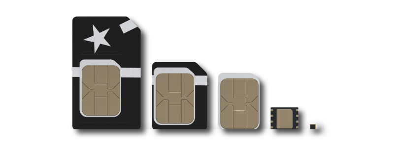 Lineup of different SIM formats — Standard, Industrial, eSIM, and iSIM