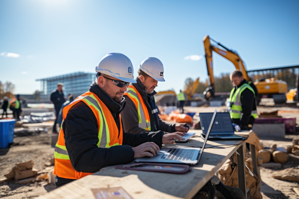 Smart teem of engineers working on a laptop on a construction site