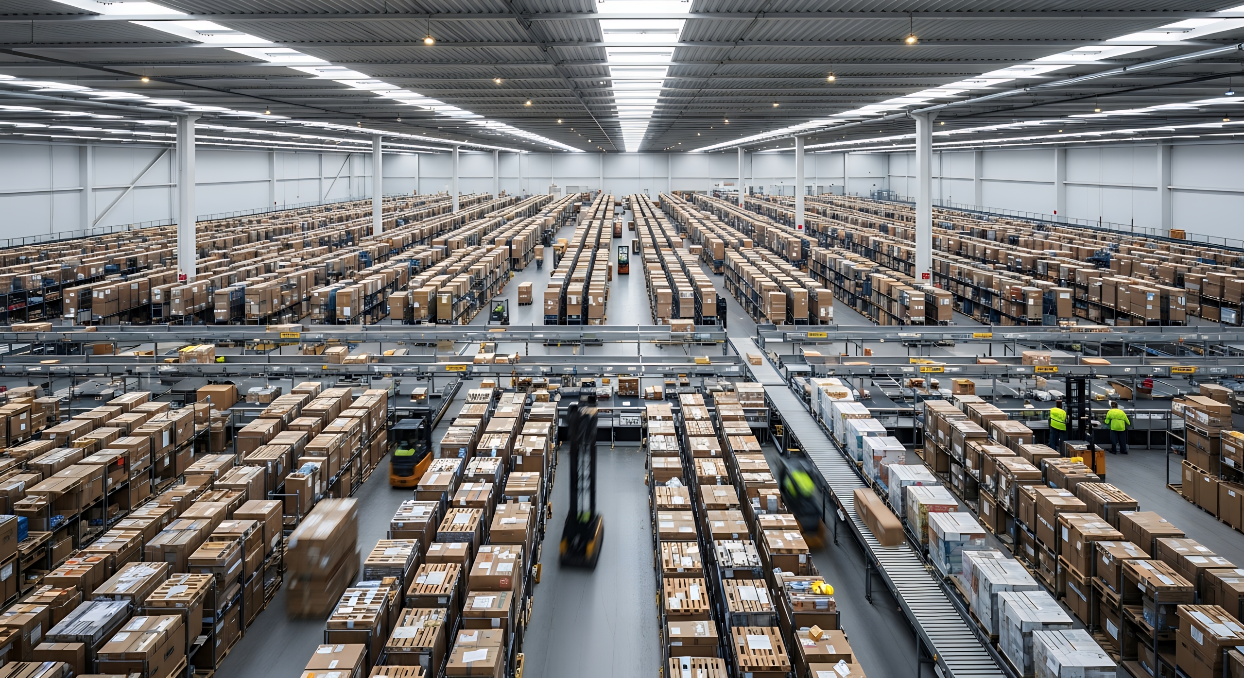 Wide-angle view of a large, busy distribution warehouse filled with countless stacked cardboard boxes and working forklifts, representing efficient logistics and supply chain operations.